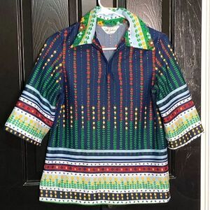 Vtg NPC Fashions Womens Blouse M Poly Retro 3/4 Sleeves Spread Collar Floral
